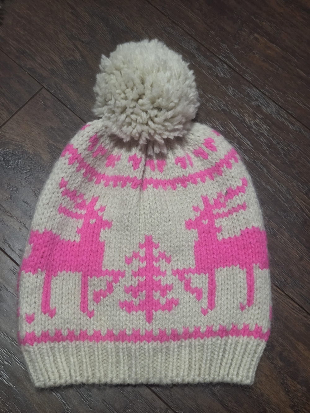 Cream and Hot Pink Reindeer Pom Beanie